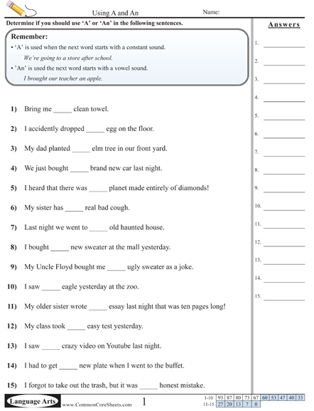  Worksheet - a an worksheet